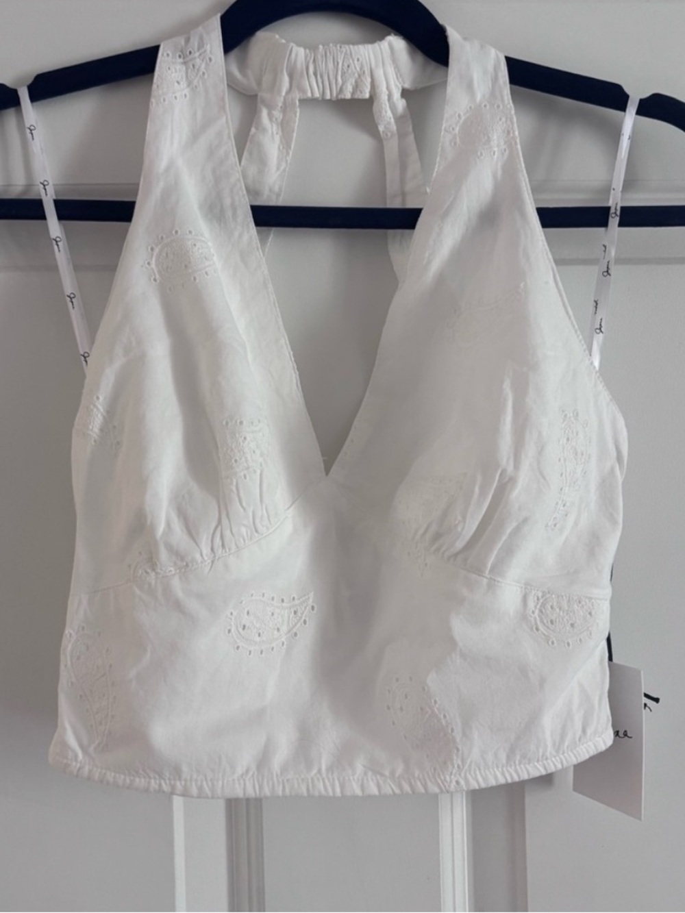Japna White Embroidered Halter Crop Top
